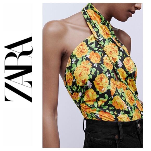 NWT Zara Floral Print Bodysuit with Crossover Neckline, Size Small - Picture 1 of 16